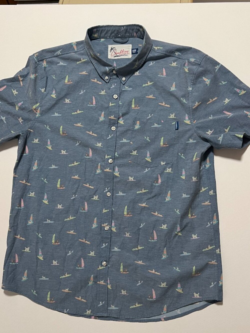 Chubbies Shirt Short Sleeve Button Down Surfing Dogs Blue Men's size XXL 2XL